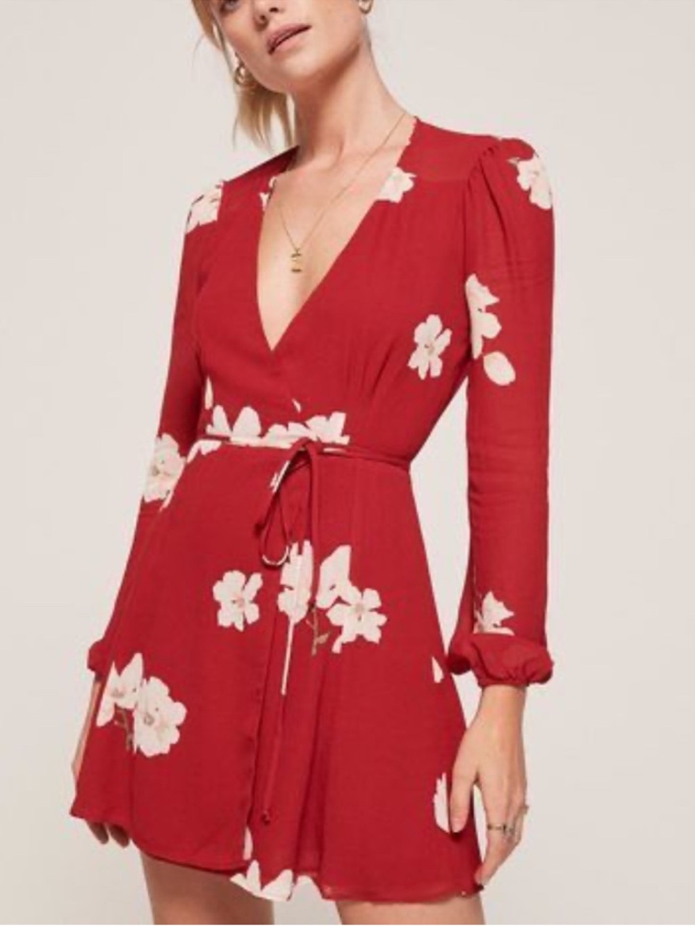 Reformation Red Floral Wrap Mini Dress